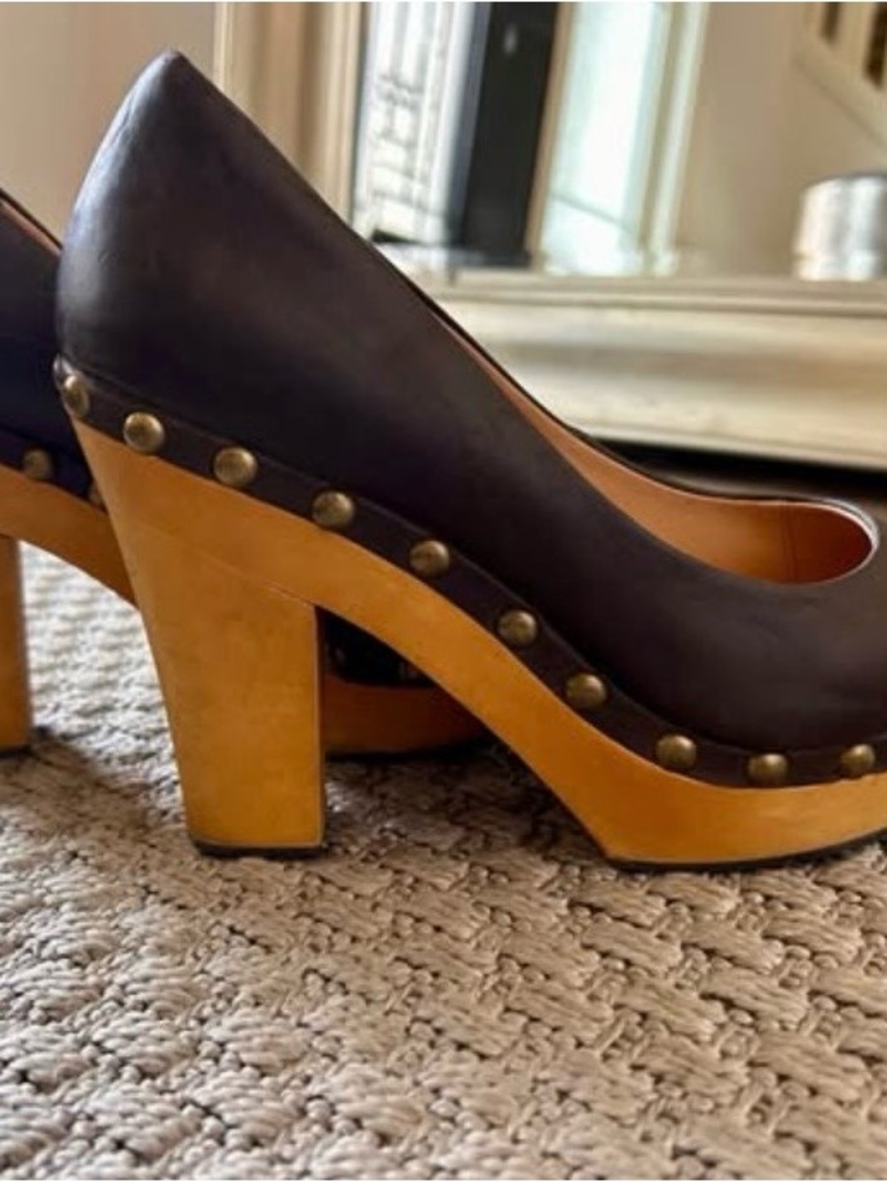 Dark Brown Leather Platform Pumps with Tan Wood-Look Heel
